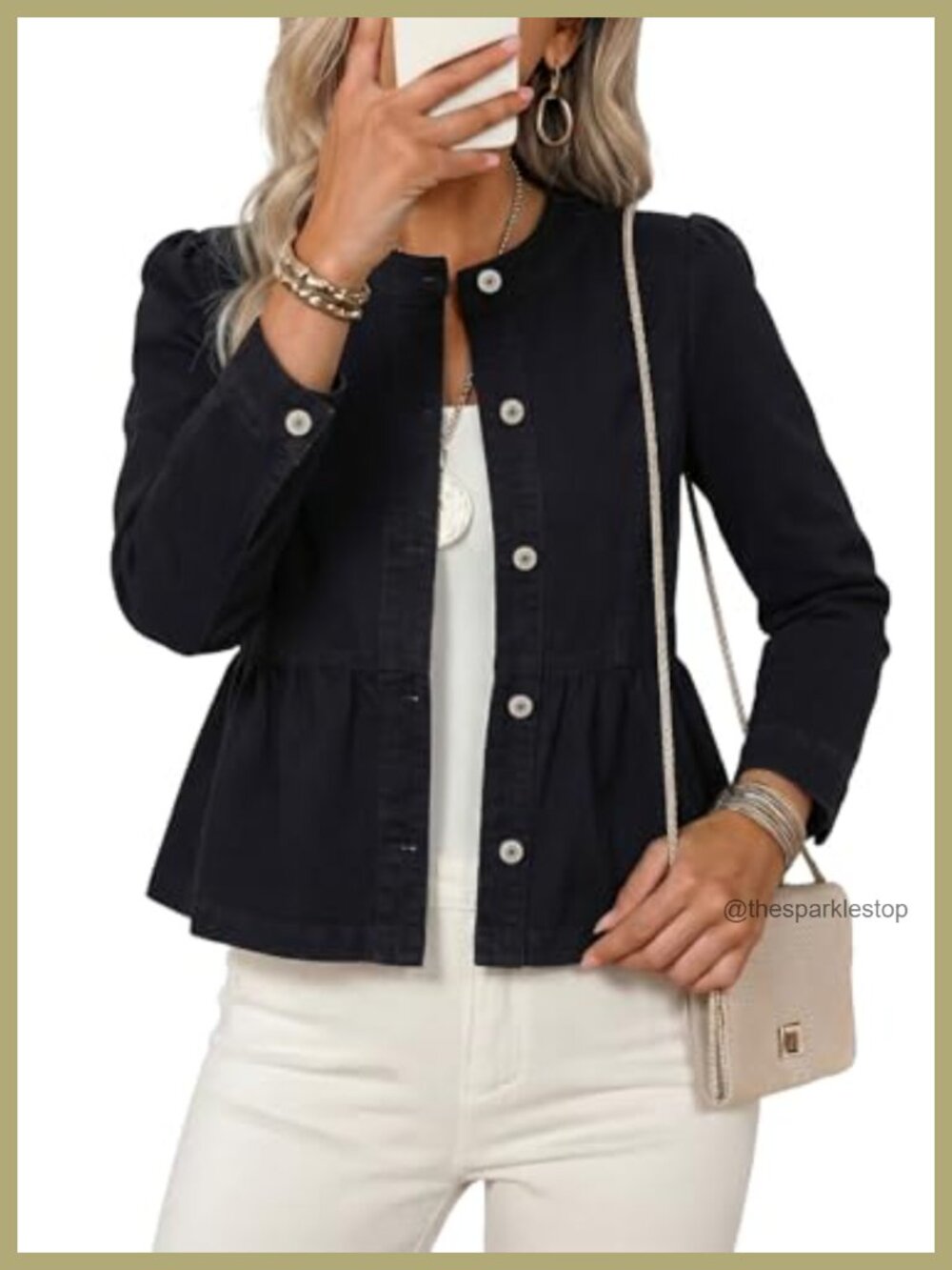 Cropped Denim Jacket Women Ruffled Hem Collarless Puff Sleeve
